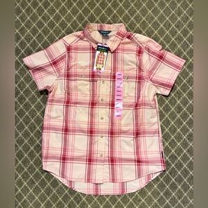 Women’s UPF 50 Eddie Bauer Pink Plaid Short Sleeve Shirtx Size Small. NWT